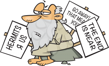 Royalty Free Clipart Image of a Hermit Holding Signs