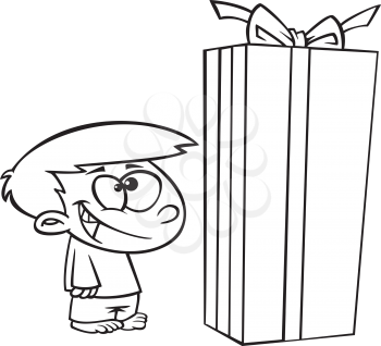 Royalty Free Clipart Image of a Boy Looking at a Large Present
