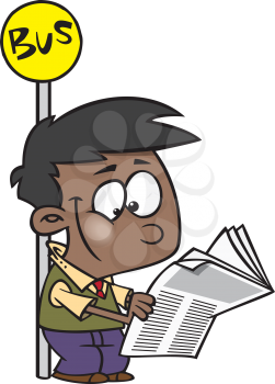 Royalty Free Clipart Image of a Boy Reading a Newspaper at a Bus Stop