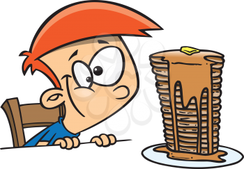 Royalty Free Clipart Image of a Boy Sitting in Front of a Plate of Pancakes