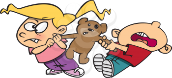 Royalty Free Clipart Image of a Boy and Girl Fighting Over a Teddy Bear