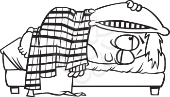 Royalty Free Clipart Image of a Man Hiding in Bed