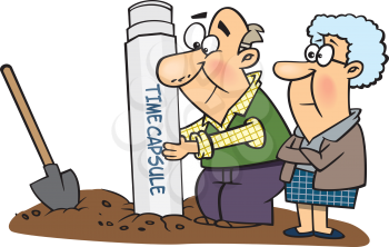 Royalty Free Clipart Image of an Older Couple Burying a Time Capsule