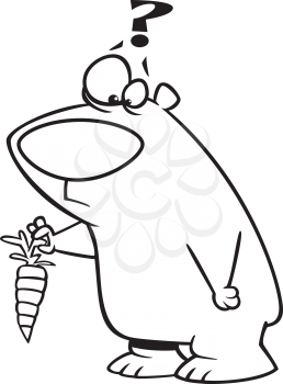 Royalty Free Clipart Image of a Puzzled Bear Looking at a Carrot