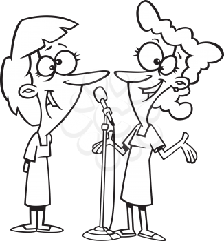 Royalty Free Clipart Image of Two Women at a Microphone