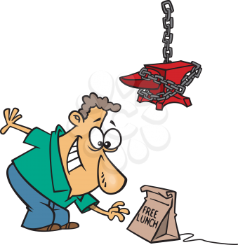 Royalty Free Clipart Image of a Man Grabbing a Lunch Bag Under a Chained Anvil