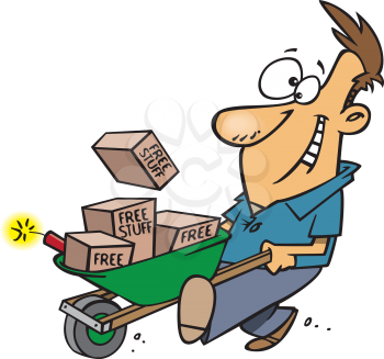 Royalty Free Clipart Image of a Man With a Wheelbarrow of Free Stuff and a Stick of Dynamite