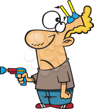 Royalty Free Clipart Image of a Man With a Toy Gun and Darts Stuck to His Head
