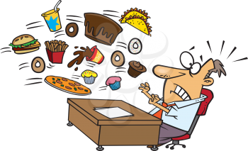 Royalty Free Clipart Image of a Man at a Desk With Food Flying at Him