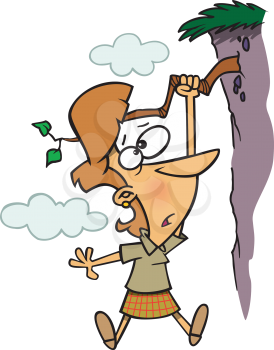 Royalty Free Clipart Image of a Woman Hanging on a Limb