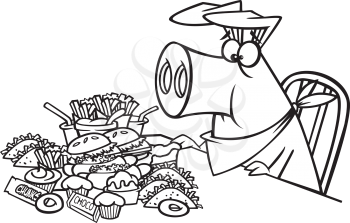 Royalty Free Clipart Image of a Pig With a Lot of Food in Front of It