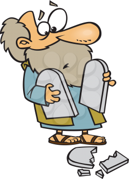 Royalty Free Clipart Image of a Man Holding Tablets and One Broken at His Feet
