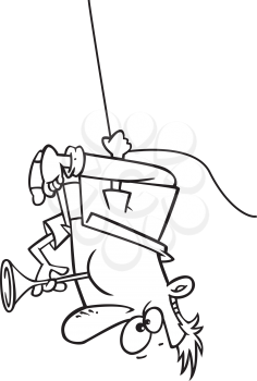 Royalty Free Clipart Image of a Man Blowing a Horn While Hanging Upside Down