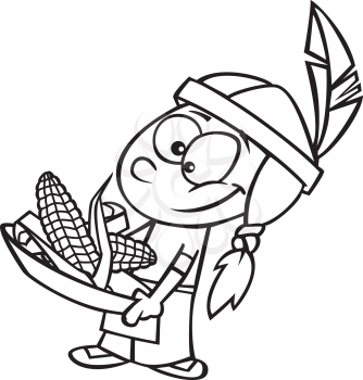 Royalty Free Clipart Image of a Child Carrying a Bowl of Corn