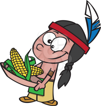 Royalty Free Clipart Image of a Child Carrying a Bowl of Corn