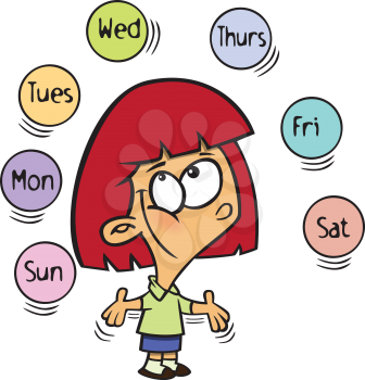 Royalty Free Clipart Image of a Female Juggling About the Days of the Week