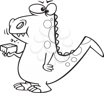 Royalty Free Clipart Image of a Dinosaur Eating a Slice of Cake