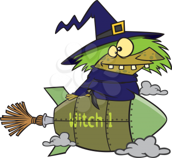 Royalty Free Clipart Image of a Witch on a Rocket