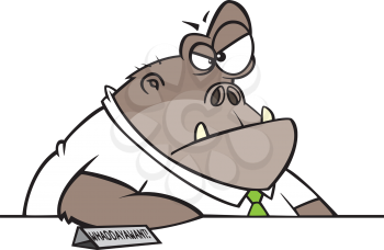 Royalty Free Clipart Image of an Ape on a Customer Service Desk