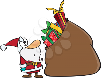 Royalty Free Clipart Image of a Santa Looking at a Large Sack