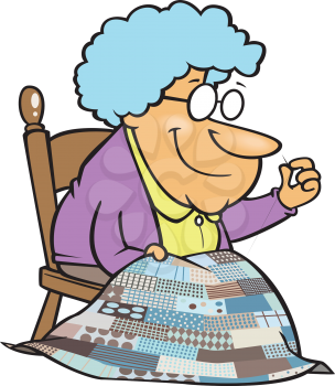 Royalty Free Clipart Image of a Lady Sewing a Quilt