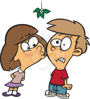 Royalty Free Clipart Image of a Little Girl Trying to Kiss a Boy Under the Mistletoe
