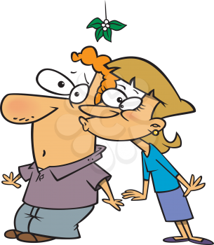 Royalty Free Clipart Image of a Woman Kissing a Man Under the Mistletoe