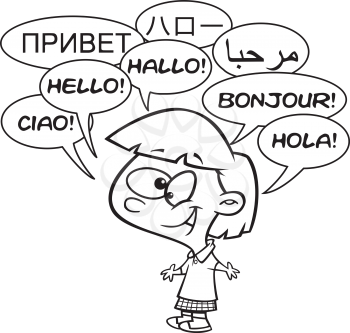 Royalty Free Clipart Image of a Little Girl Saying Hello in Several Languages