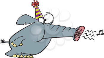 Royalty Free Clipart Image of an Elephant in a Party Hat Blowing His Trunk