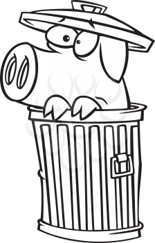 Royalty Free Clipart Image of a Scared Pig in a Trash Can