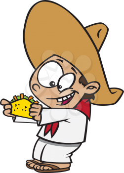 Royalty Free Clipart Image of a Mexican Boy Eating a Taco