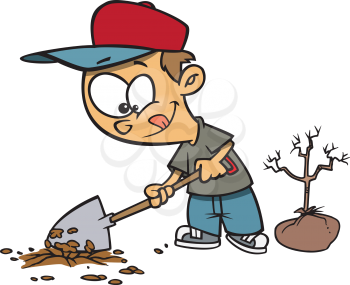 Royalty Free Clipart Image of a Boy Planting a Tree