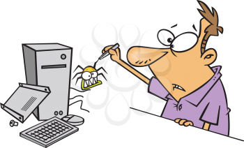 Royalty Free Clipart Image of a Man and a Computer Bug