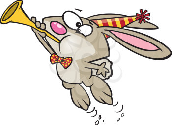 Royalty Free Clipart Image of a Bunny in a Party Hat Blowing a Horn