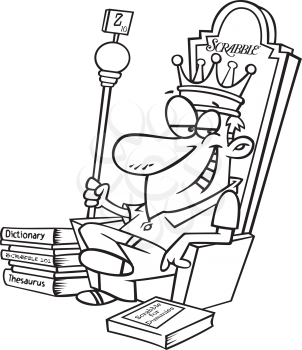 Royalty Free Clipart Image of a Man in a Crown on a Throne With the Word Scrabble