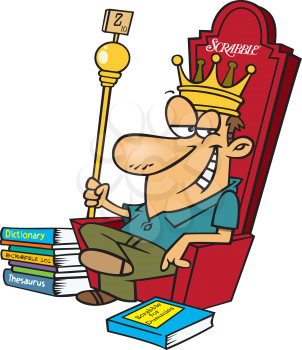 Royalty Free Clipart Image of a Man in a Crown on a Thrown That Says Scrabble