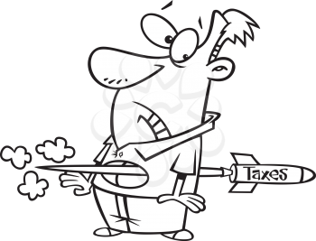 Royalty Free Clipart Image of a Man With a Tax Rocket Going Through