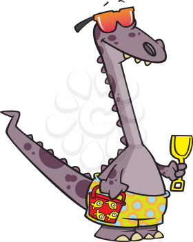 Royalty Free Clipart Image of a Dinosaur in Trunks Holding a Shovel