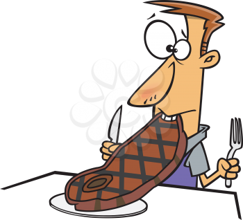 Royalty Free Clipart Image of a Man Eating a Large Steak