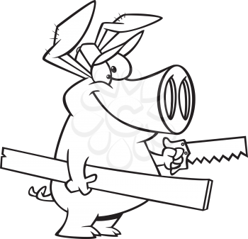 Royalty Free Clipart Image of a Pig Holding a Saw and Wood
