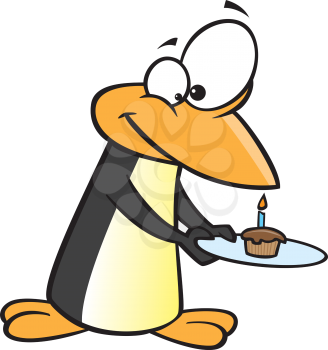 Royalty Free Clipart Image of a Penguin With a Cupcake on a Plate