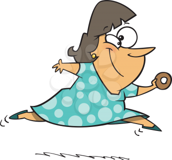 Royalty Free Clipart Image of a Woman Leaping With a Doughnut in Her Hand