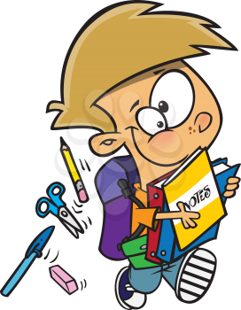 Royalty Free Clipart Image of a Little Boy Walking While Things Fall Out of His Backpack
