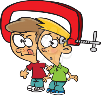 Royalty Free Clipart Image of Two Boys With Their Heads in a Vise