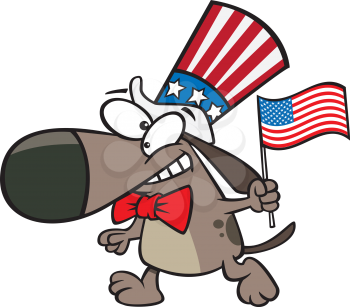Royalty Free Clipart Image of a Dog in an Uncle Sam Hat Carrying an American Flag