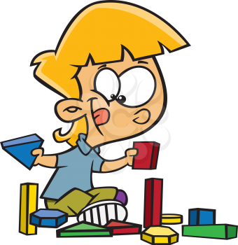 Royalty Free Clipart Image of a Child With Wooden Blocks of Different Shapes and Colours