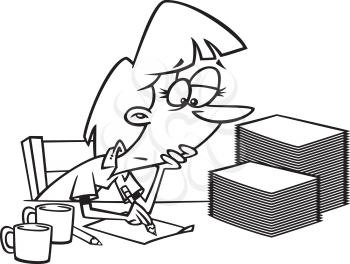 Royalty Free Clipart Image of a Woman With a Stack of Papers and Two Coffee Cups