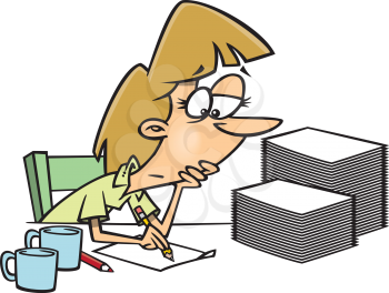 Royalty Free Clipart Image of a Person With a Stack of Papers and Two Coffee Cups