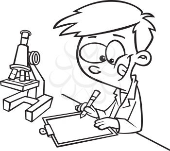 Royalty Free Clipart Image of a Boy With a Microscope Writing on a Clipboard
