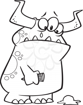 Royalty Free Clipart Image of a Crying Monster Looking at Ice Cream on the Ground